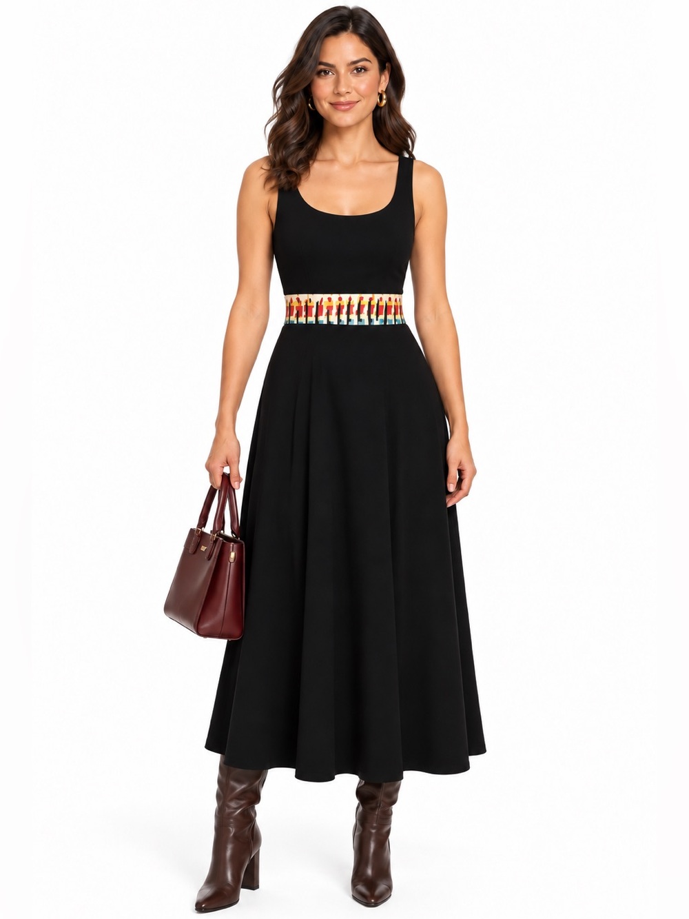 EUC R&K SZ S Black Sleeveless Sheath Dress w/Scoop Neckline/colorful waistband